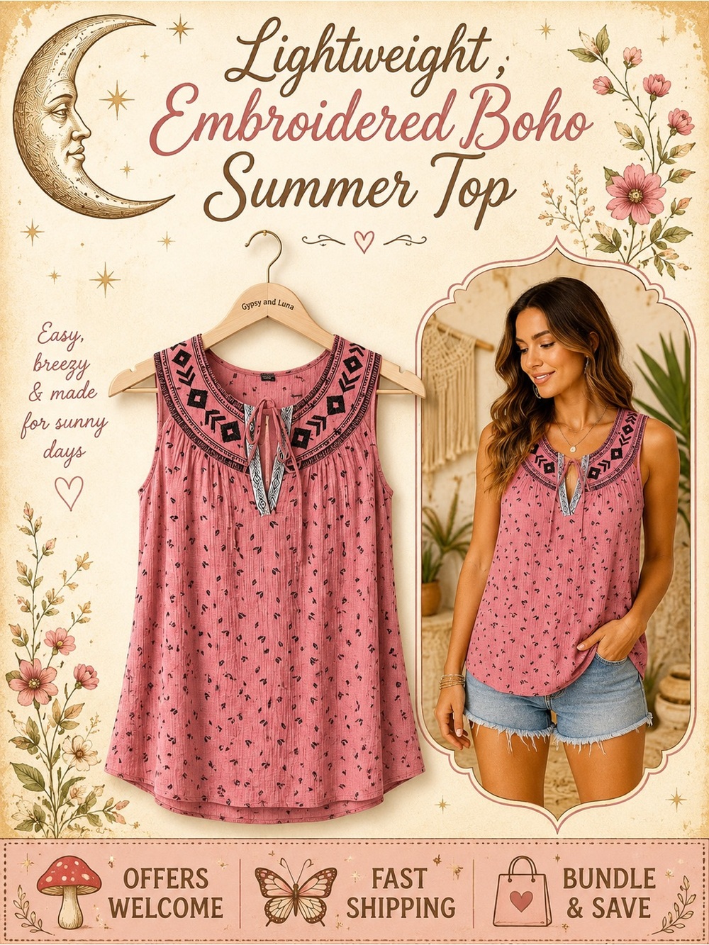E & M Pink Boho Sleeveless Top Women’s Large Embroidered Tie Neck Blouse